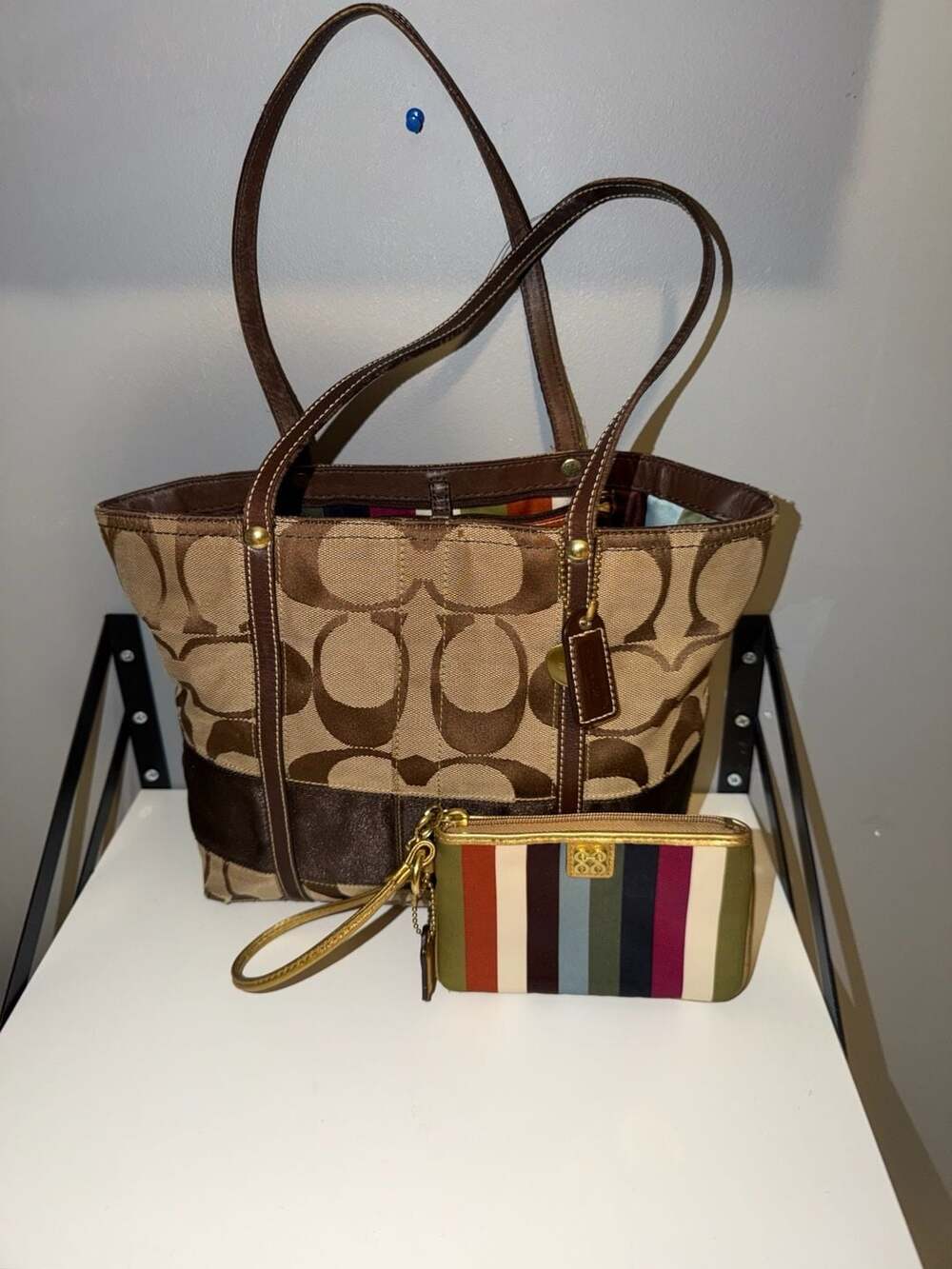 Coach 65th Anniversary Tote Bag with Multicolor Striped Lining and Matching Wris